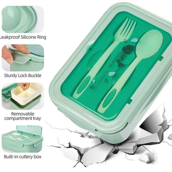 Leak-Proof Lunch Container with Spoon & Fork, Bento Lunch Box with 3 Compartment - Picture 9 of 10